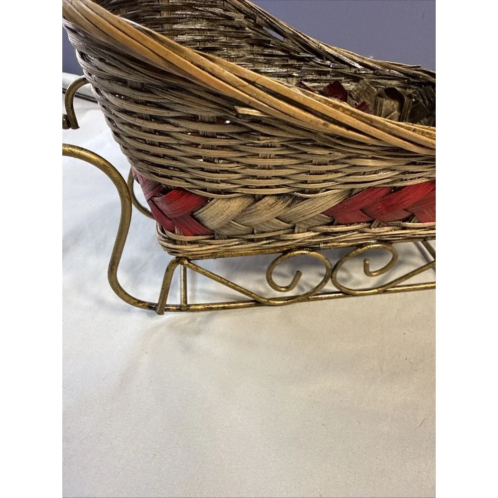 Vintage Christmas Wicker Sleigh Basket with Gold-Tone Metal Runners